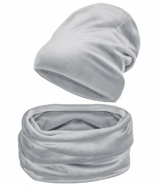 Welurowy komplet zimowy czapka i komin gładki jednokolorowy (Szary)