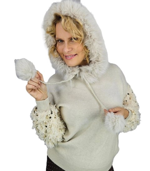 Ciepły sweter bluza z kapturem odpinanym futerkiem i piórami BOMBAY (Beżowy) Ciepły sweter bluza z kapturem odpinanym futerkiem i piórami BOMBAY (Beżowy)