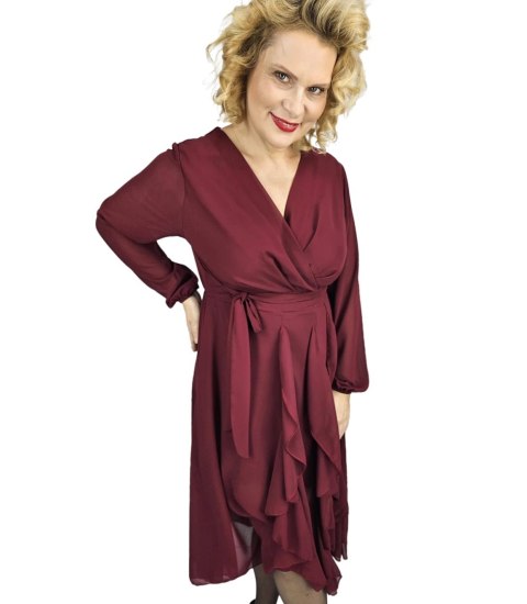 Elegancka sukienka rozkloszowany dół z falbankami midi ADELE (Bordowy)