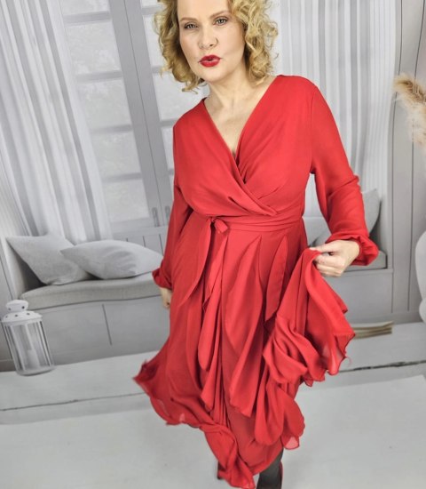 Elegancka sukienka rozkloszowany dół z falbankami midi ADELE (Czerwony)