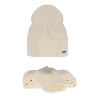 Czapka i szalik damski zimowy komplet, kremowy, 100% wełniana merino Melpomena