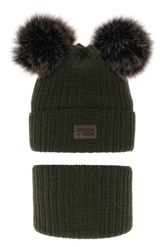 Czapka i komin dla chłopca zimowy komplet, khaki, z dwoma pomponami Tokio