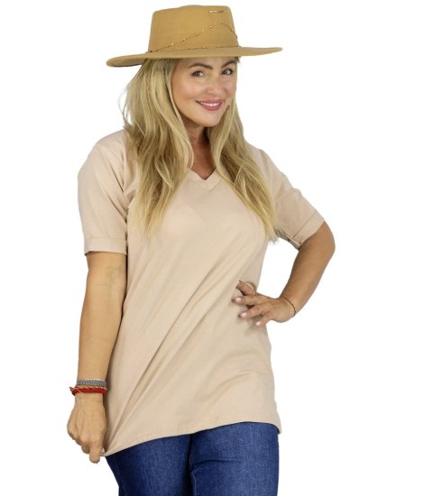 Bluzka koszulka t-shirt z dekoltem w serek i rękawem 1/2 MIRABEL (Beżowy)