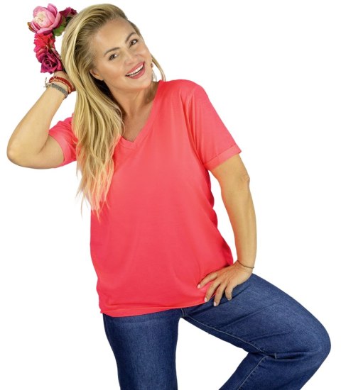 Bluzka koszulka t-shirt z dekoltem w serek i rękawem 1/2 MIRABEL (Różowy) Bluzka koszulka t-shirt z dekoltem w serek i rękawem 1/2 MIRABEL (Różowy)