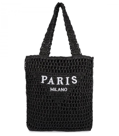 Duża torba pleciona shoperka z napisem modna PARIS (Czarny)