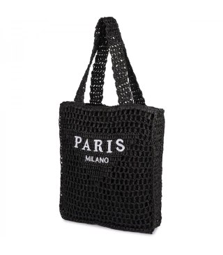 Duża torba pleciona shoperka z napisem modna PARIS (Czarny)