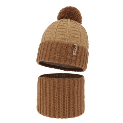 Czapka i komin dla chłopca zimowy komplet, camel, z pomponem Leo