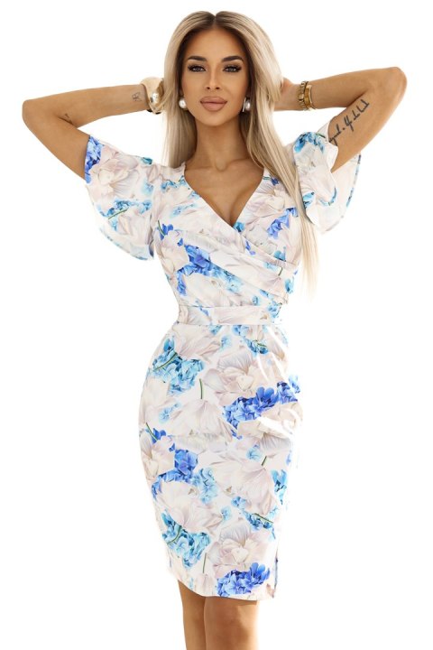 479-8 NINA sukienka z kopertowym dekoltem, rękawkiem i paskiem - BŁĘKITNE KWIATY - XXL 479-8 NINA sukienka z kopertowym dekoltem, rękawkiem i paskiem - BŁĘKITNE KWIATY - XXL