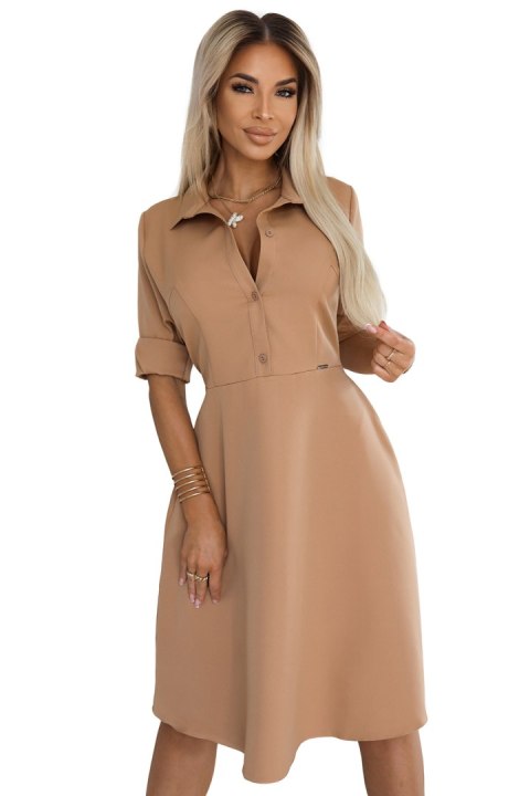 286-8 SANDY Koszulowa rozkloszowana sukienka z paskiem - MOCHA MOUSSE - L 286-8 SANDY Koszulowa rozkloszowana sukienka z paskiem - MOCHA MOUSSE - L