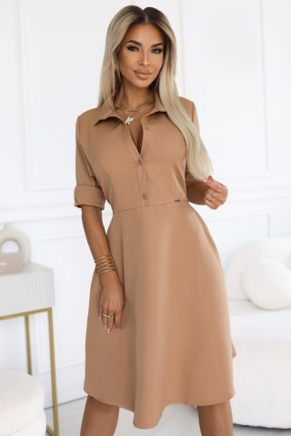 286-8 SANDY Koszulowa rozkloszowana sukienka z paskiem - MOCHA MOUSSE - XL