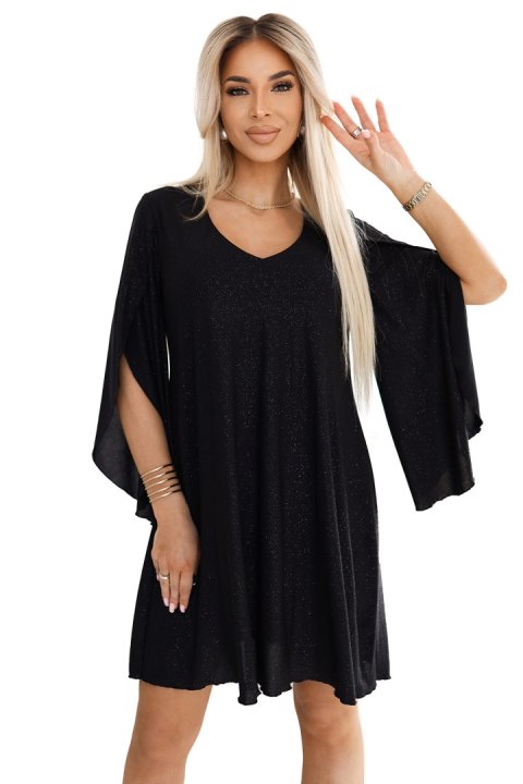 597-1 LIVIA Elegancka trapezowa sukienka z rękawami typu motyl - czarna z brokatem - L/XL