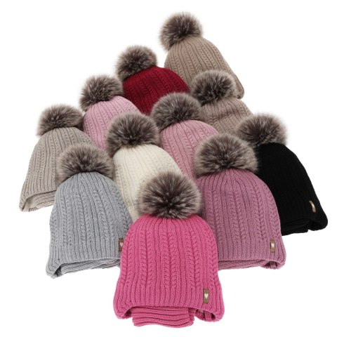 Czapka i komin dla dziewczynki zimowy komplet, czarny, z wełną merino, z pomponem, wiązany Muanda Czapka i komin dla dziewczynki zimowy komplet, czarny, z wełną merino, z pomponem, wiązany Muanda