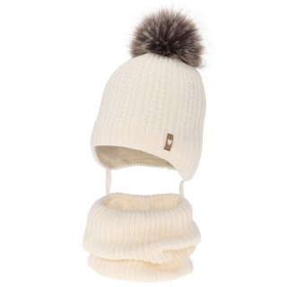 Czapka i komin dla dziewczynki zimowy komplet, kremowy, z wełną merino, z pomponem, wiązany Muanda