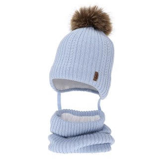 Czapka i komin dla chłopca zimowy komplet, błękitny, z wełną merino, wiązany Zongo