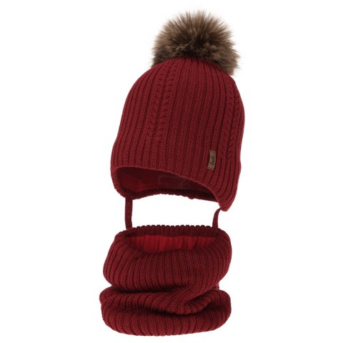 Czapka i komin dla chłopca zimowy komplet, bordowy, z wełną merino, wiązany Zongo Czapka i komin dla chłopca zimowy komplet, bordowy, z wełną merino, wiązany Zongo