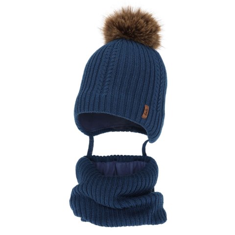 Czapka i komin dla chłopca zimowy komplet, ciemnoniebieski, z wełną merino, wiązany Zongo