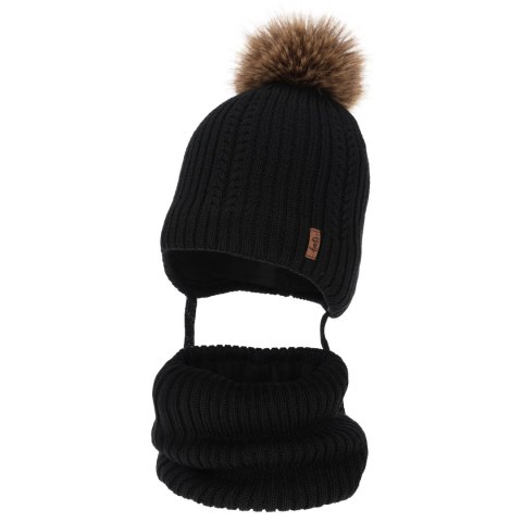 Czapka i komin dla chłopca zimowy komplet, czarny, z wełną merino, wiązany Zongo Czapka i komin dla chłopca zimowy komplet, czarny, z wełną merino, wiązany Zongo