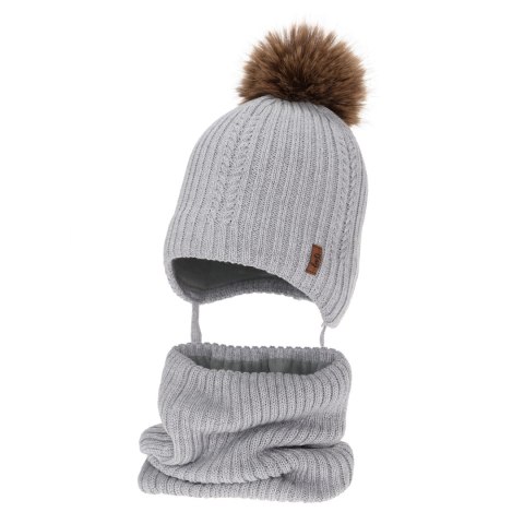 Czapka i komin dla chłopca zimowy komplet, szary, z wełną merino, wiązany Zongo Czapka i komin dla chłopca zimowy komplet, szary, z wełną merino, wiązany Zongo