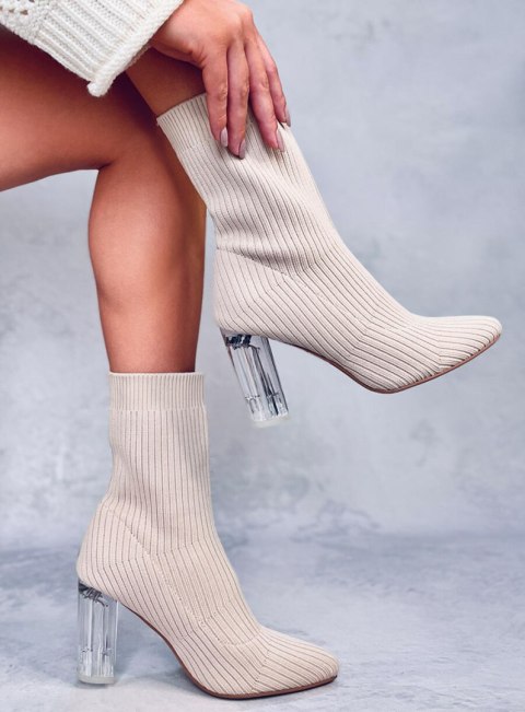 Botki skarpetkowe na przezroczystym obcasie DESTANI BEIGE Botki skarpetkowe na przezroczystym obcasie DESTANI BEIGE