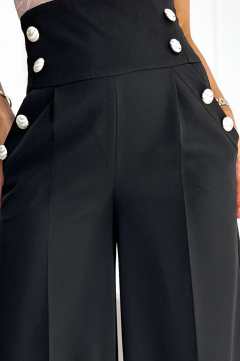 496-1 Eleganckie szerokie spodnie z wysokim stanem i złotymi guzikami - CZARNE 496-1 Eleganckie szerokie spodnie z wysokim stanem i złotymi guzikami - CZARNE
