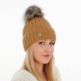 Czapka zimowa damska, camel, z pomponem, Malina