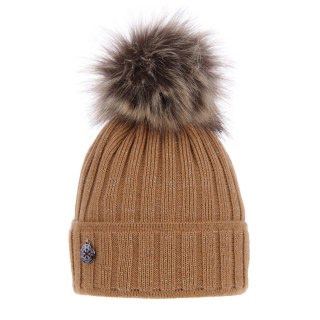Czapka zimowa damska, camel, z pomponem, Malina