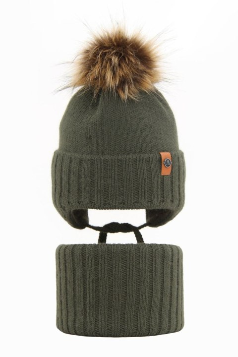Czapka i komin dla chłopca zimowy komplet, khaki, wiązany Dominik Czapka i komin dla chłopca zimowy komplet, khaki, wiązany Dominik
