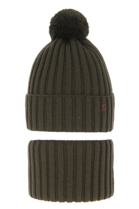 Czapka i komin dla chłopca zimowy komplet, khaki, z pomponem Wiliam Czapka i komin dla chłopca zimowy komplet, khaki, z pomponem Wiliam