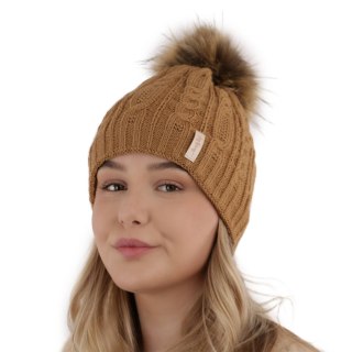 Czapka zimowa damska, camelowa, z pomponem, Mirka
