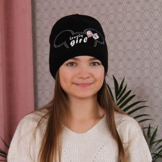 Beret dla dziewczynki jesienny, wiosenny, czarny, z kokardą, z nadrukiem Agnes