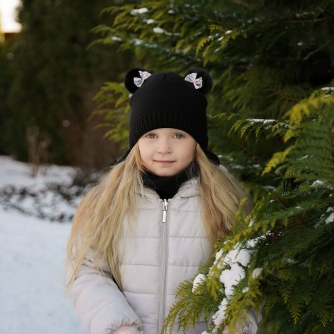 Czapka i komin dla dziewczynki zimowy komplet, szary, z dwoma pomponami, wiązany Lilo Czapka i komin dla dziewczynki zimowy komplet, szary, z dwoma pomponami, wiązany Lilo
