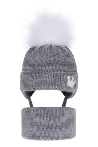 Czapka i komin dla dziewczynki zimowy komplet, szary, z pomponem Narnia