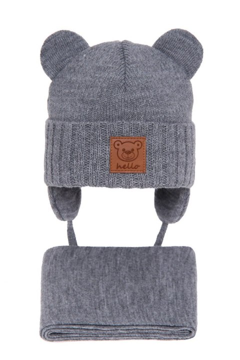 Czapka i szalik dla chłopca zimowy komplet, jasnoszary, wiązany Petit Czapka i szalik dla chłopca zimowy komplet, jasnoszary, wiązany Petit