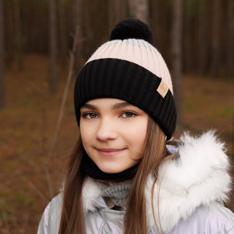 Czapka i komin dla dziewczynki zimowy komplet, szary, z pomponem Indiana Czapka i komin dla dziewczynki zimowy komplet, szary, z pomponem Indiana