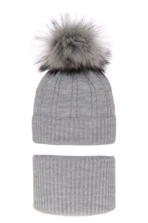 Czapka i komin dla dziewczynki zimowy komplet, szary, z pomponem Lawa Czapka i komin dla dziewczynki zimowy komplet, szary, z pomponem Lawa