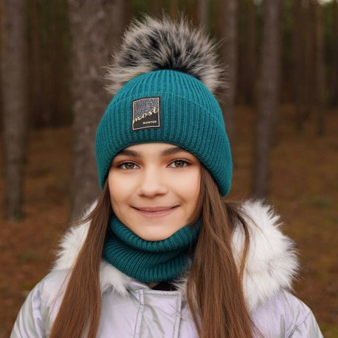 Czapka i komin dla dziewczynki zimowy komplet, szary, z pomponem Sycylia Czapka i komin dla dziewczynki zimowy komplet, szary, z pomponem Sycylia