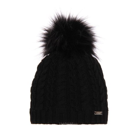 Czapka zimowa damska, czarna, z wełną merino, z pomponem Satina