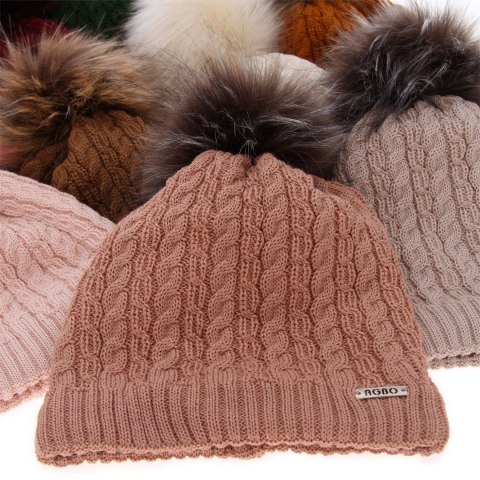 Czapka zimowa damska, czarna, z wełną merino, z pomponem Satina