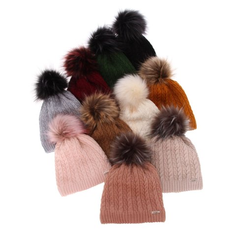 Czapka zimowa damska, czarna, z wełną merino, z pomponem Satina
