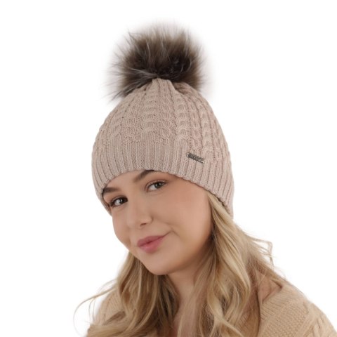 Czapka zimowa damska, kremowa, z wełną merino Satina