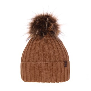Beret zimowy damski, camel, z wełną merino, podszyta polarem Texa