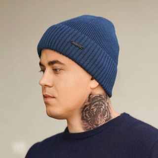 Beret zimowy męski, niebieski, z wełną merino Henk