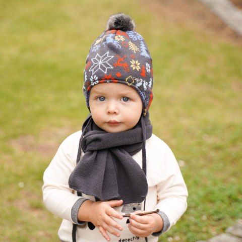 Czapka i szalik dla chłopca zimowy komplet, pomarańczowy, wypełniony miękką włókniną, wiązany Remek Czapka i szalik dla chłopca zimowy komplet, pomarańczowy, wypełniony miękką włókniną, wiązany Remek