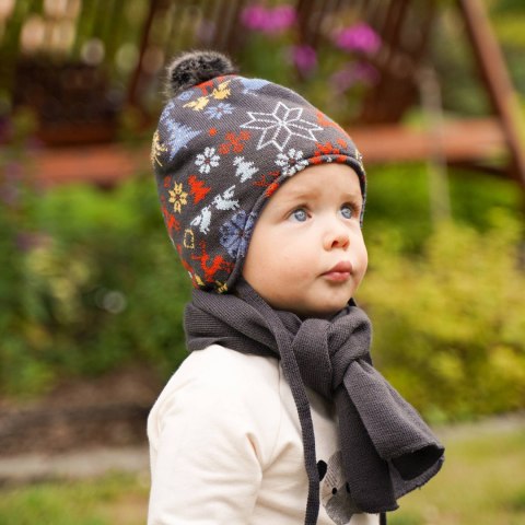 Czapka i szalik dla chłopca zimowy komplet, pomarańczowy, wypełniony miękką włókniną, wiązany Remek Czapka i szalik dla chłopca zimowy komplet, pomarańczowy, wypełniony miękką włókniną, wiązany Remek