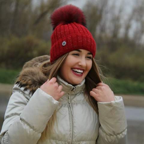 Czapka zimowa damska, różowa, z pomponem, Malina