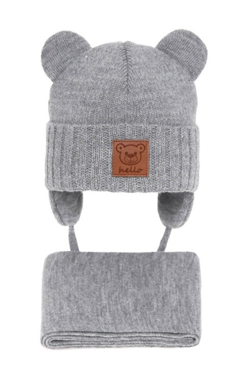 Czapka i szalik dla chłopca zimowy komplet, jasnoszary, wiązany Petit Czapka i szalik dla chłopca zimowy komplet, jasnoszary, wiązany Petit