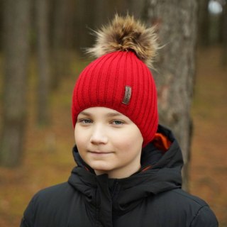 Czapka zimowa dla chłopca, bordowa, z pomponem Amur