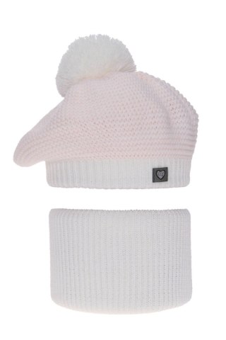 Komplet zimowy dla dziewczynki: beret i komin biały z pomponem Lira