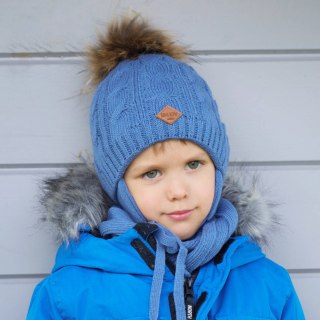 Czapka i szalik dla chłopca zimowy komplet, niebieski, z pomponem, wiązany Minor