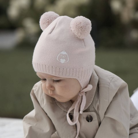 Czapka jesienna, wiosenna dla dziewczynki, beżowa, z dwoma pomponami, wiązana Bunia Czapka jesienna, wiosenna dla dziewczynki, beżowa, z dwoma pomponami, wiązana Bunia